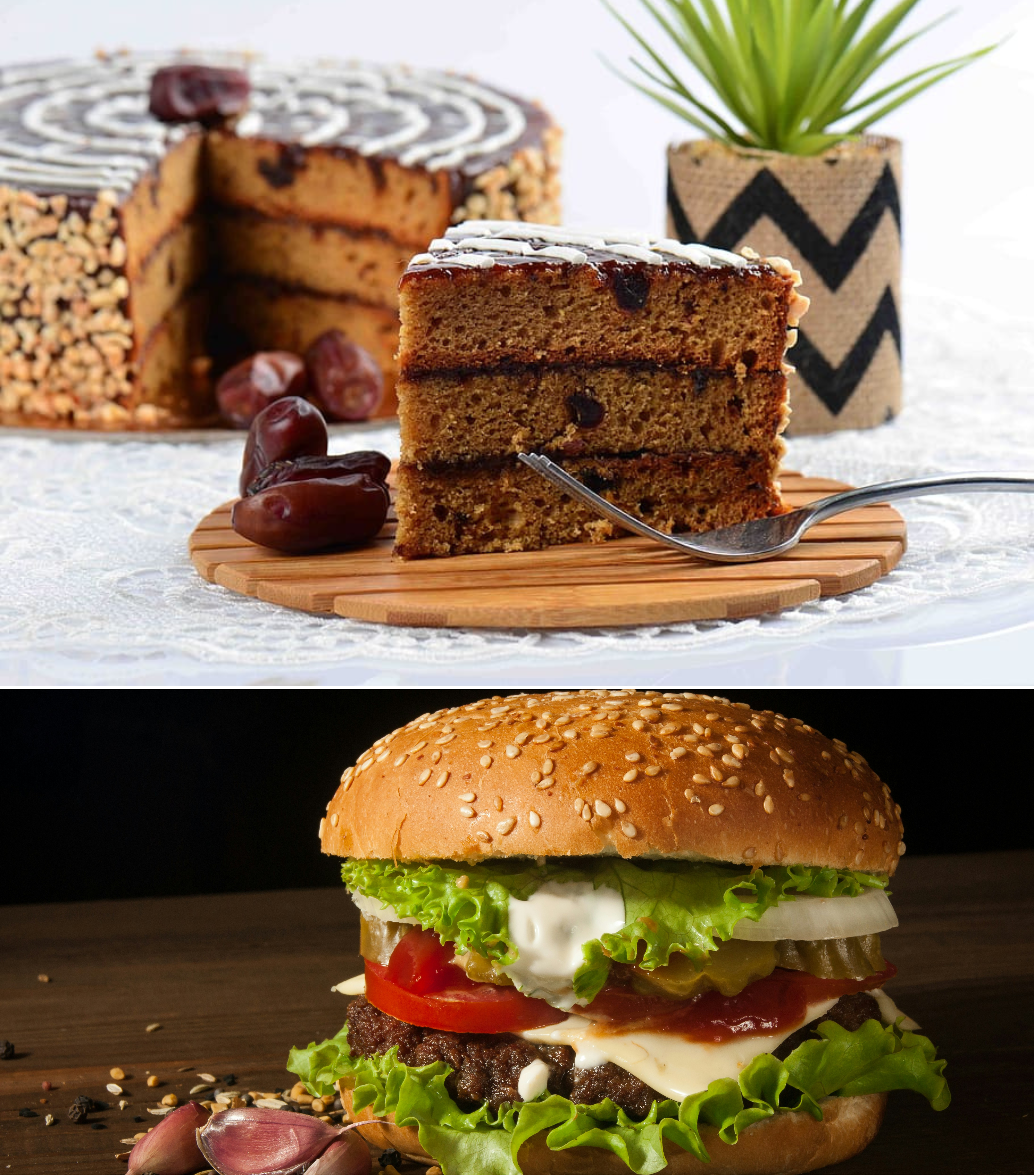burger and cake